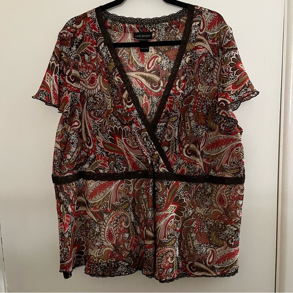 Lane Bryant sz 22-24 Red and Brown Paisley Blouse